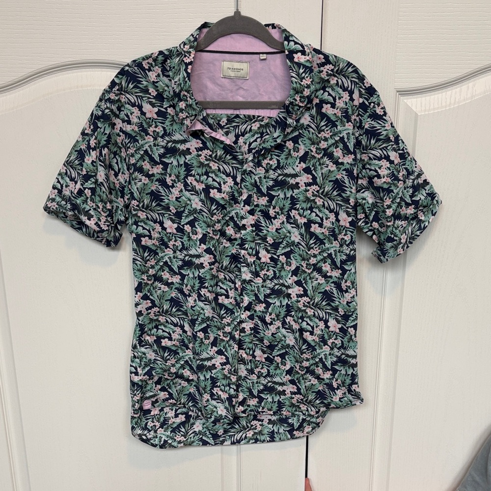 7 Diamonds Navy Floral Button-Down Shirt with Pink Accents
